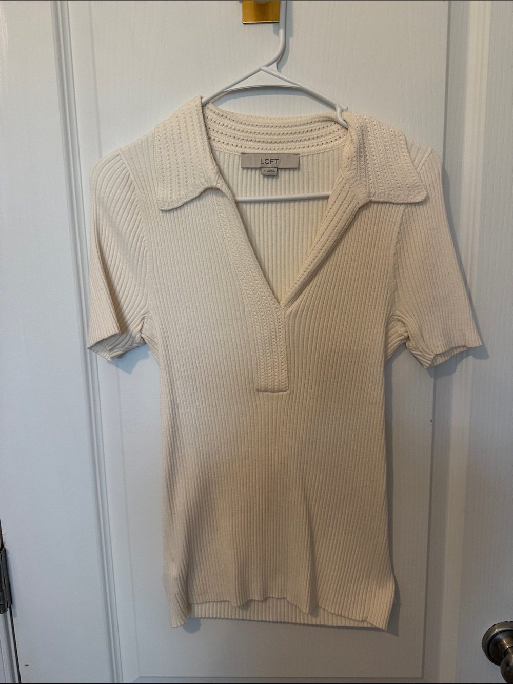 LOFT Cream Ribbed Polo V-Neck Short Sleeve Top